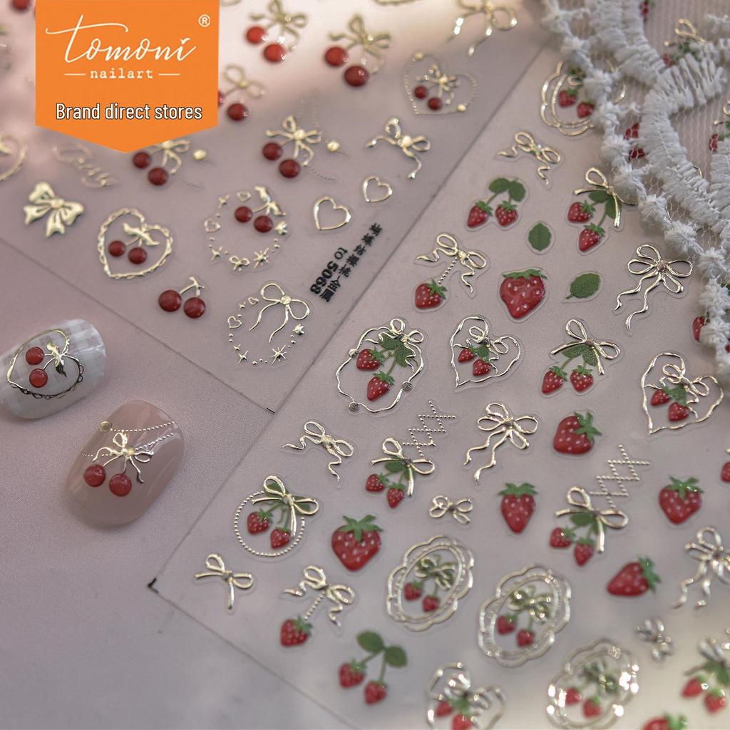 Tomoni Japanese-Style Metal Nail Art Stickers: Handmade Strawberry Bow & Accessory Ornaments.