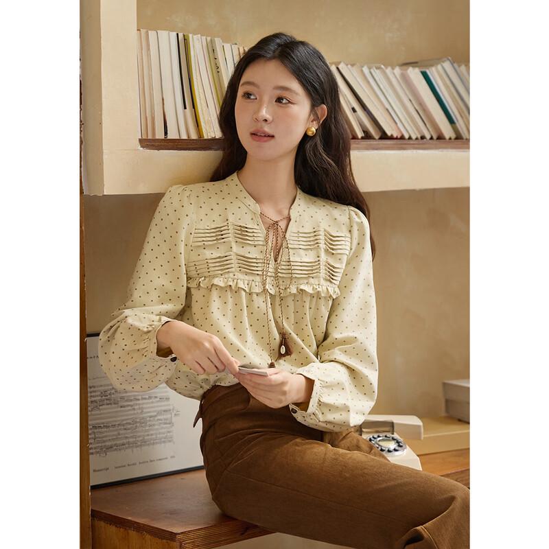 Women s Vintage Polka Dot Ruffle V-Neck Blouse S