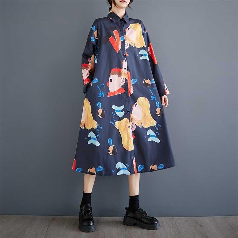 New Loose Large Size Oceanic Printing Mid-length Literary Retro Dresses