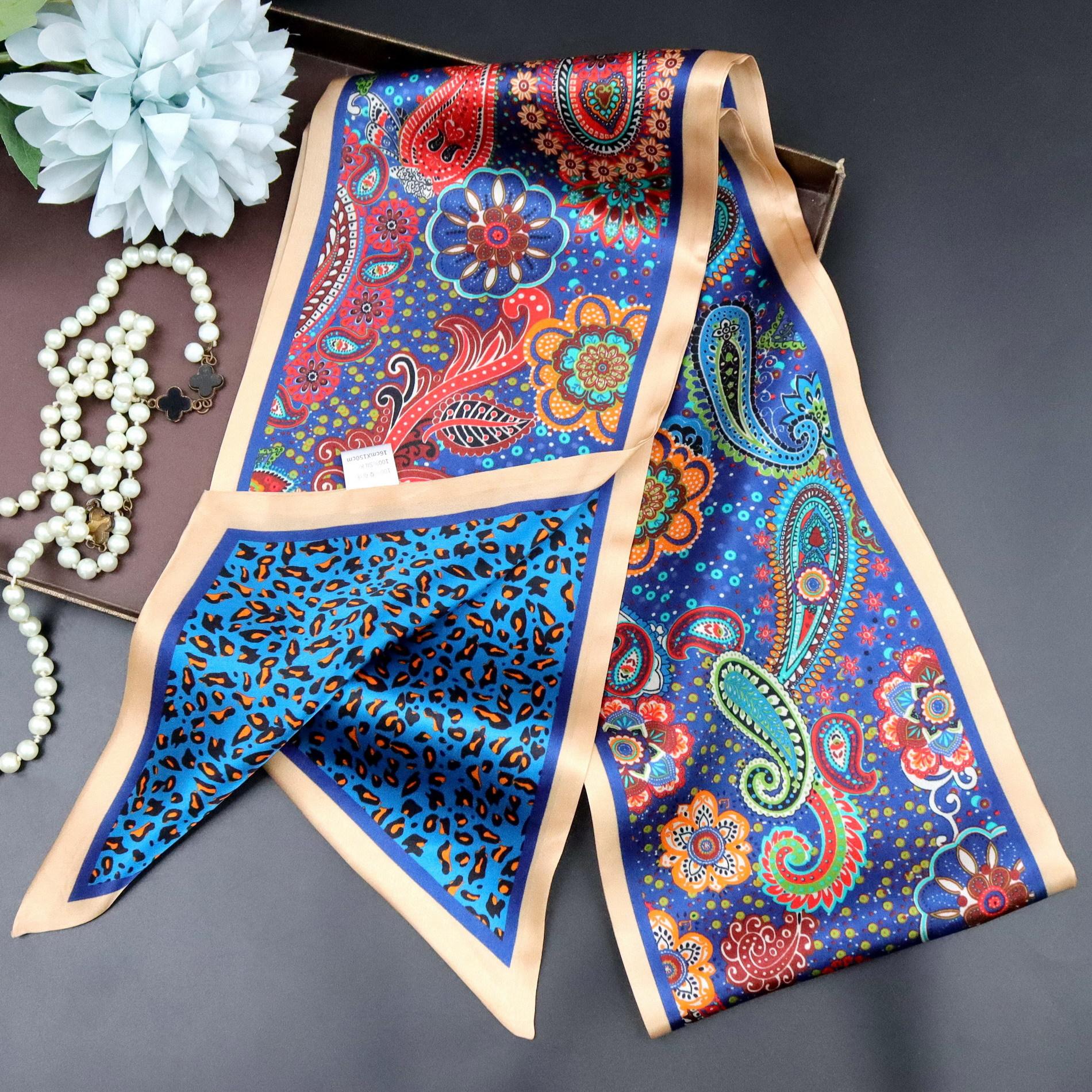Leopard print cashew flower mulberry silk silk scarf silk thin strip silk scarf double layer scarf ribbon streamer scarf 150*16CM