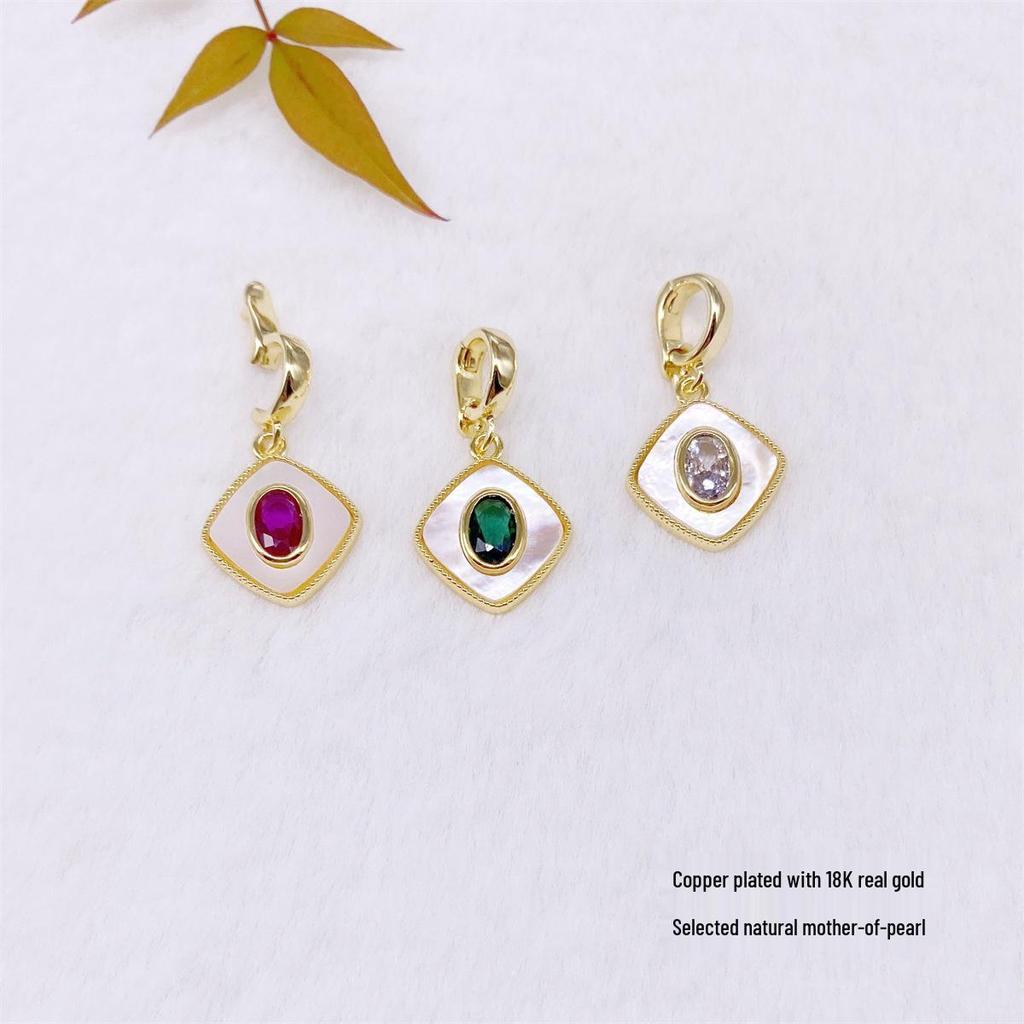 18K Gold Plated Colored Diamond Square Pendant with Chain - Pearl Necklace & Sweater Jewelry Accessory