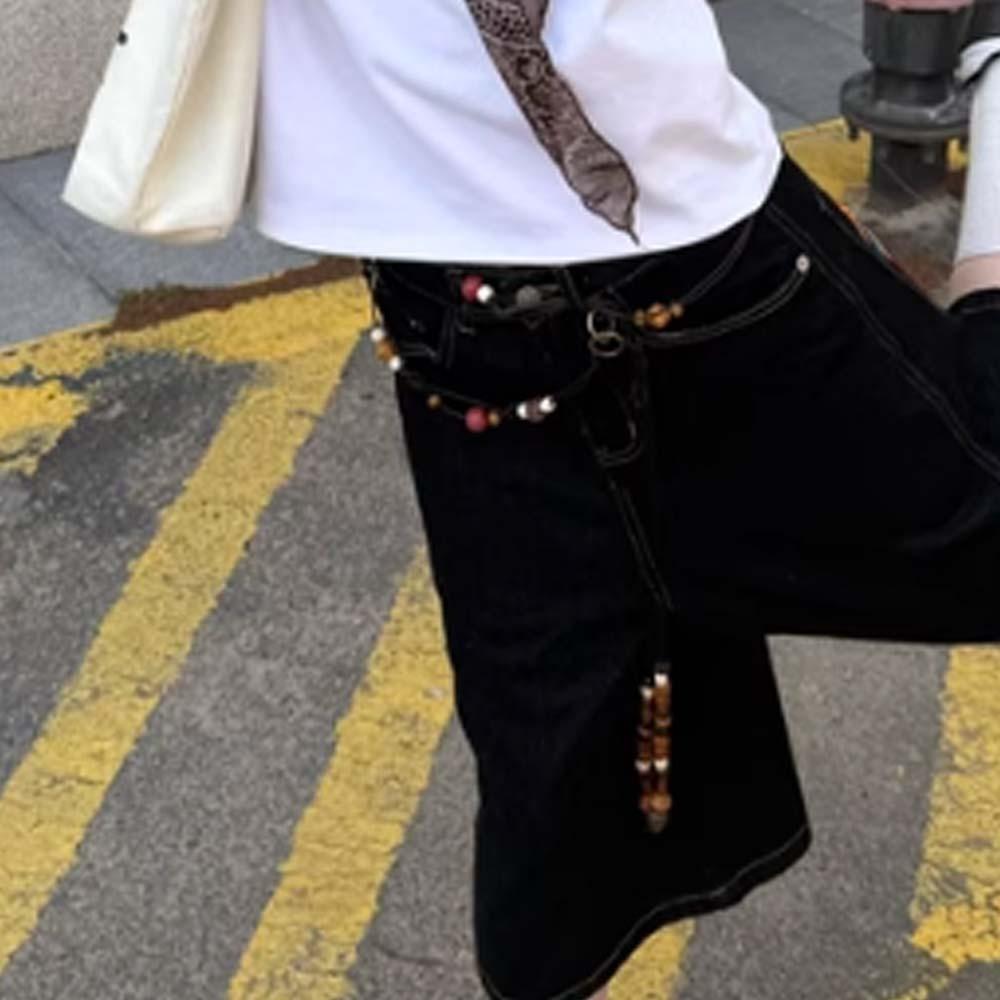 Resin Ethnic Style Weaving Waistband PU Retro Tassel Waist Chain Wood Beads Belt  Cool Girls