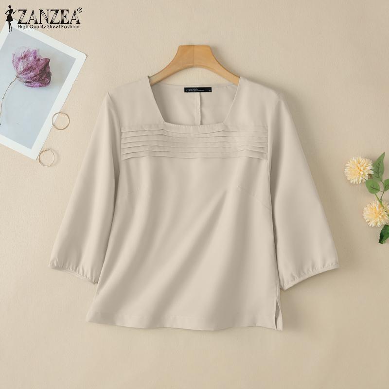 ZANZEA Women Casual Square Collar Loose Half Sleeve Plain Blouse