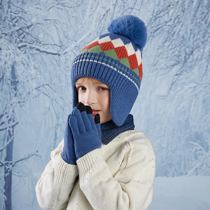 Children Winter Hat Gloves Set Faux Fur Ball Kids Beanie with Earflaps Thicken Warm Children Knitted Cap Suit 4-10Y