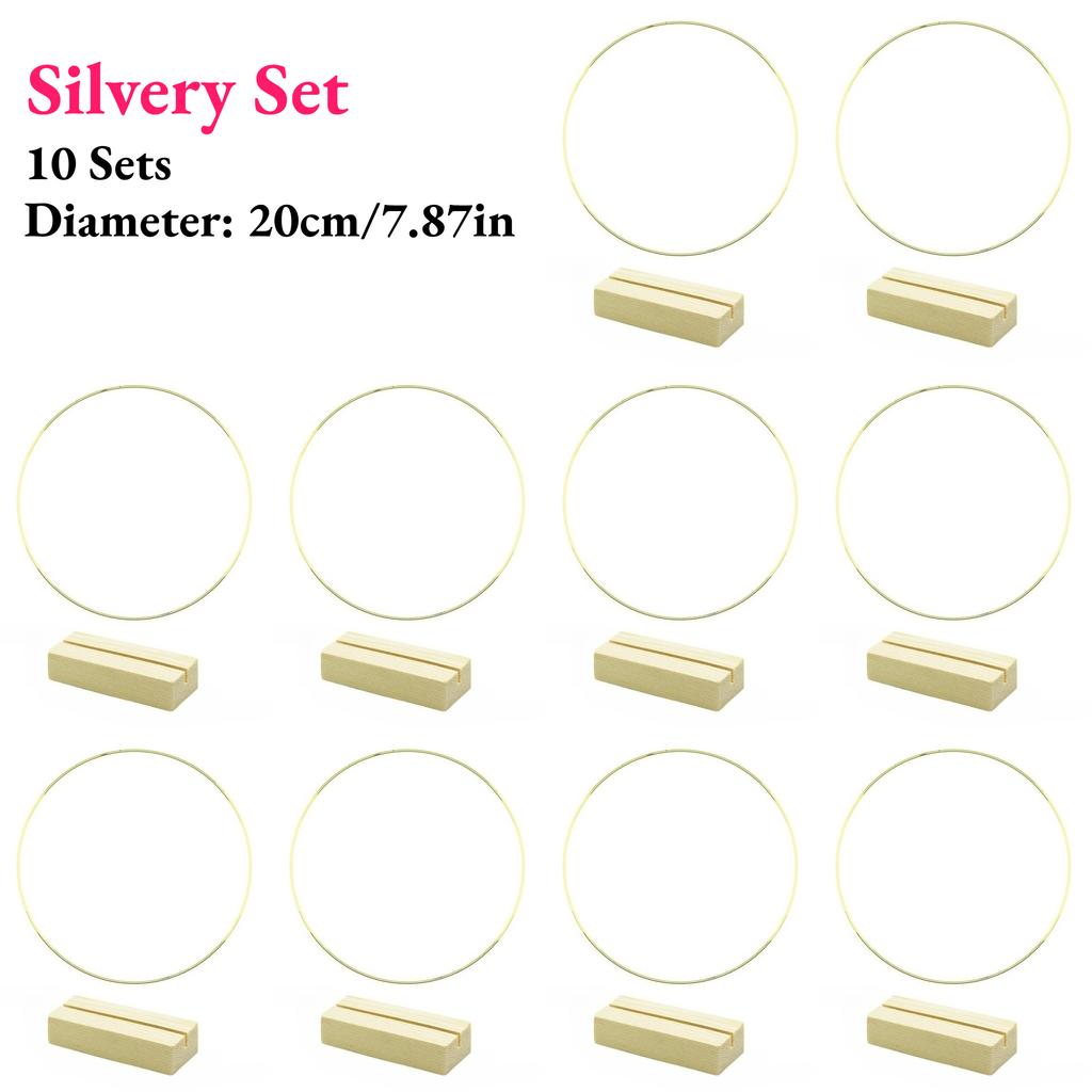 10 Sets Floral Wreath Centerpiece Set with 20-25cm Silvery Metal Ring & Wooden Base Reusable Hoops Wedding Garlands Table Decor