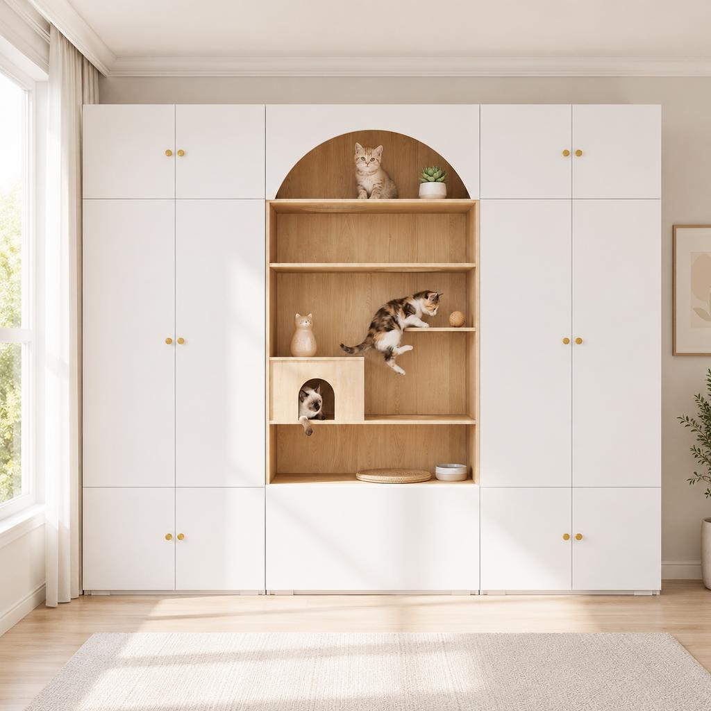 Wardrobe Set, Pet Cabinet, 270 x 50 x 200 cm, with Clothes Rail, Cat Climbing Wall and Cushion, for Bedroom, Living Room and Hallway, White+Wood Look