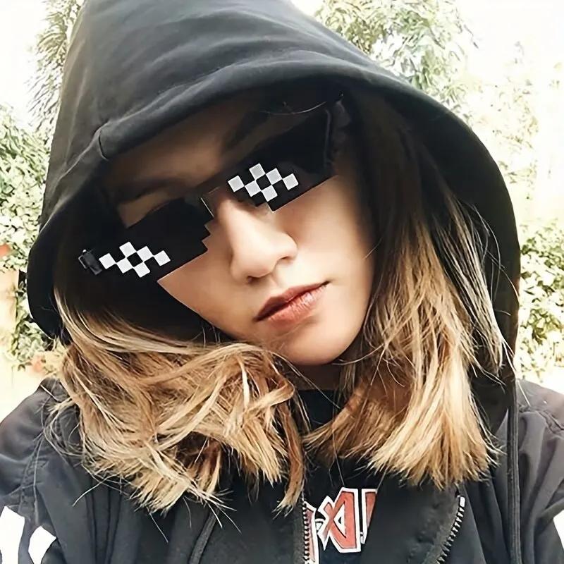 2Pcs Mosaic Sunglasses Cool Party Vintage Shades Eyewear For Men Pixelated Sunglasses Funny Women Glasses