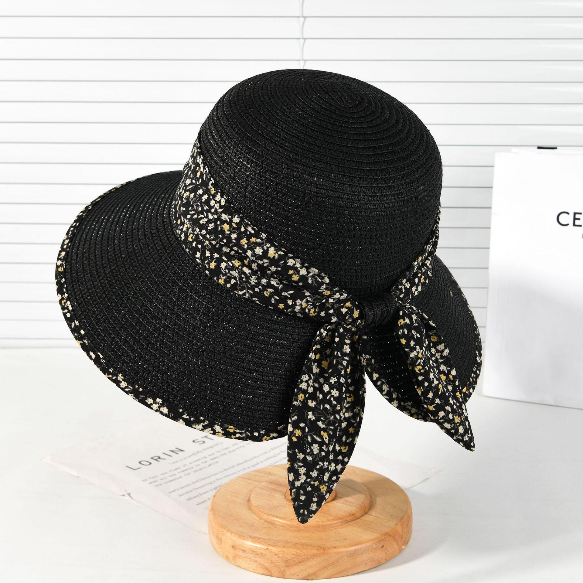 Charm Clothings Women's Pink Straw Hat Summer Small Floral Bow Big Eaves Bucket Hat Travel Vacation Sun Protection Sun Hat Fine Grass Straw Hat 56-58Cm