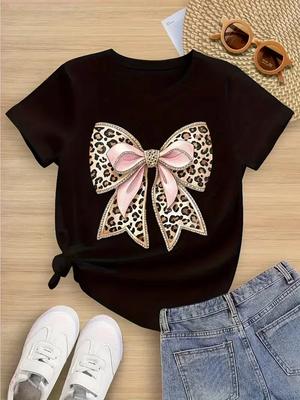 Unisexs Leopard Print Tee With Pink Bow Loose Streetwear Casual Top Durable Daily Wear Suitable For All Seasons