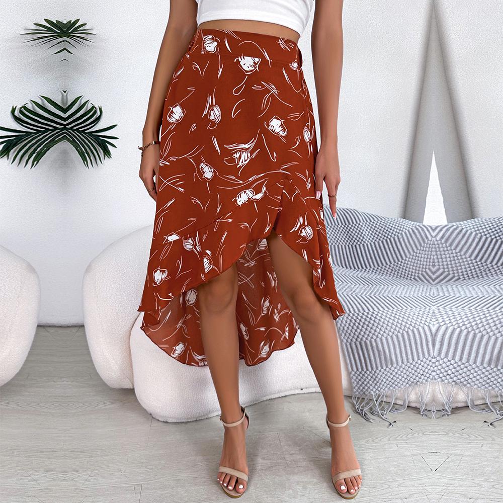 Dámské elegantní sukně jaro/léto květinové asymetrické volány s vysokým pasem