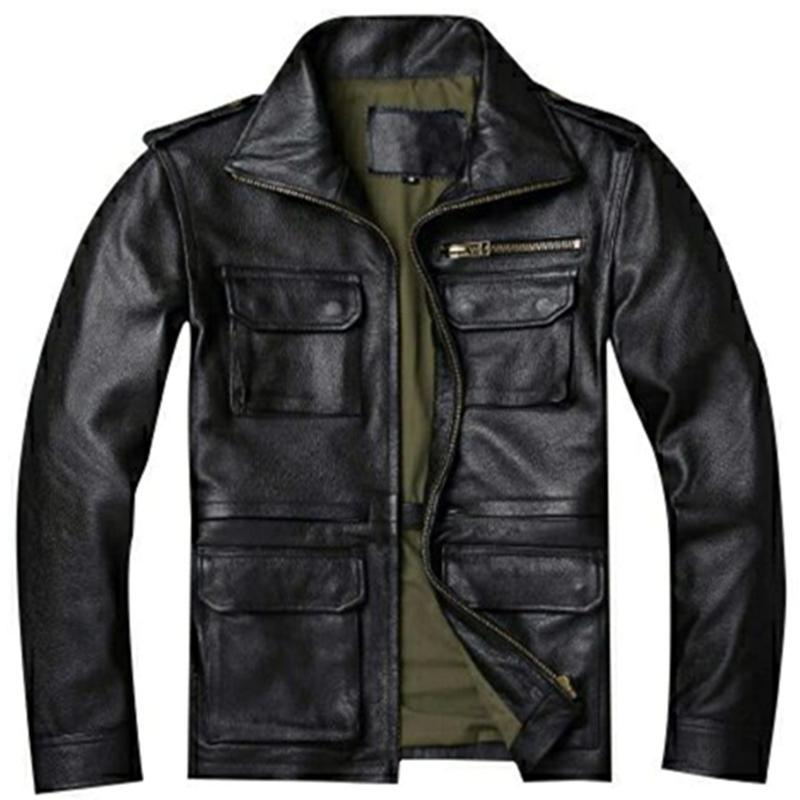 Chinese Size Brown Black Real Cowhide M65 Hunting Leather Jacket Men Genuine Leather Coat Winter Pockets Jackets Jaqueta Masculina De Couro