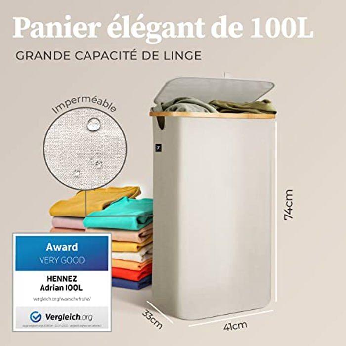 Panier à linge - HENNEZ - Panière Linge Couvercle - 100L - Beige - Poignée Bambou
