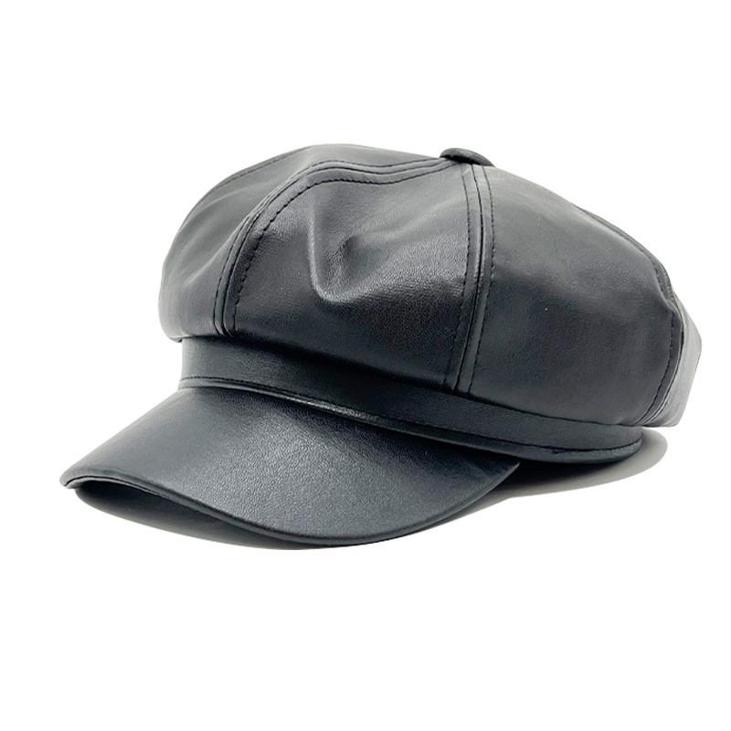 Solid Color Pu Leather Octagonal Beret Outdoor Breathable Hat Protection Sun