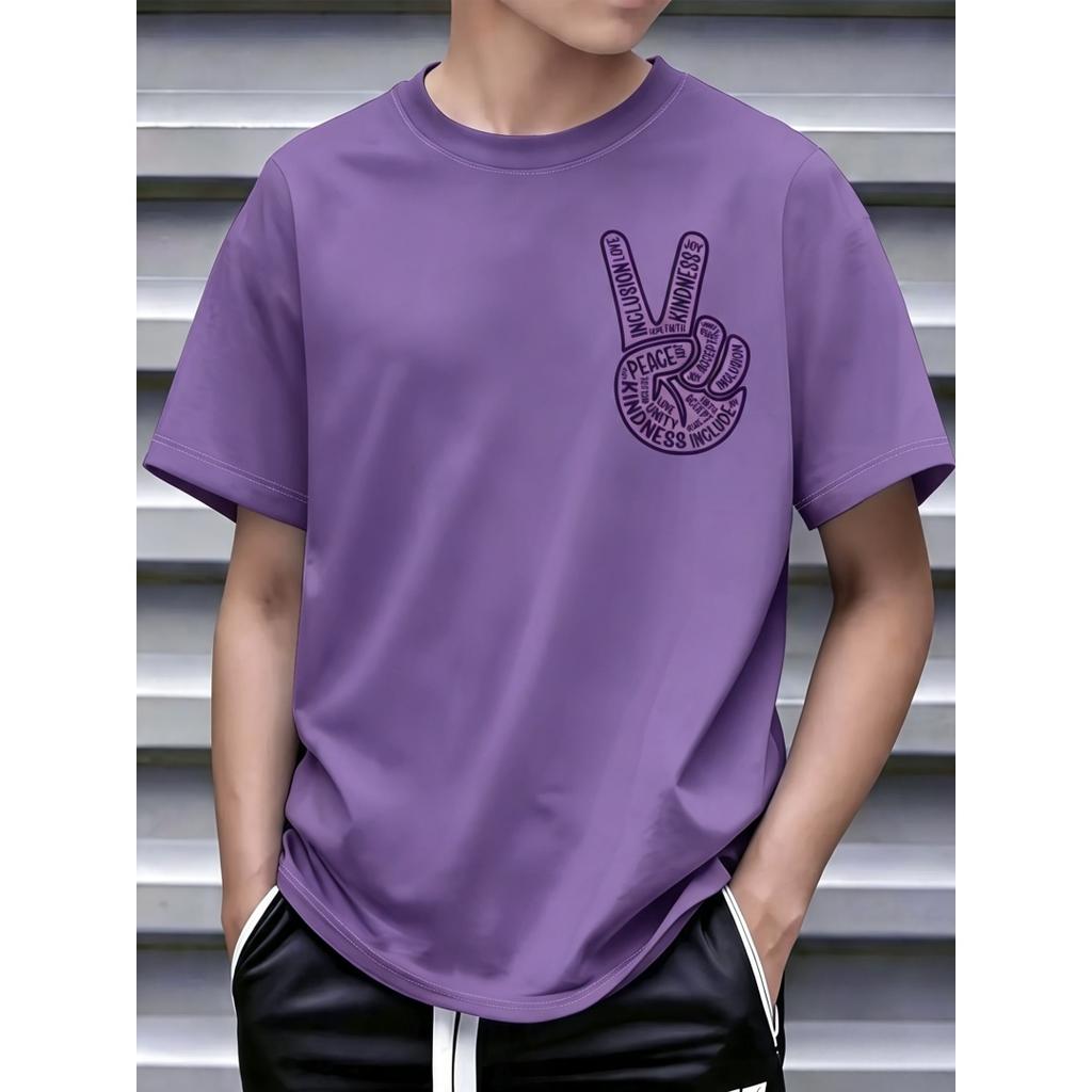 V Gesture Hand Sign Letter Print Men Round Neck Short Tee Ultra Quick Dry Trendy Smooth Light Premium Summer Streetwear Top