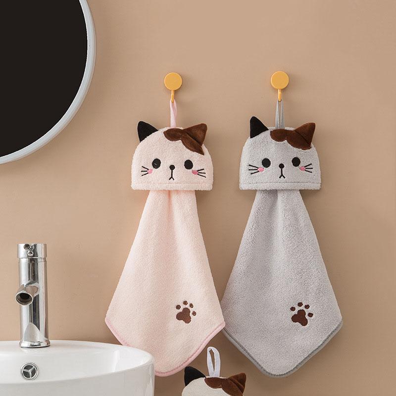 

Coral Velvet Pocket Cat Embroidered Hand Towel Bathroom Hanging Absorbent Towel Kitchen Bathroom Square Towel серый