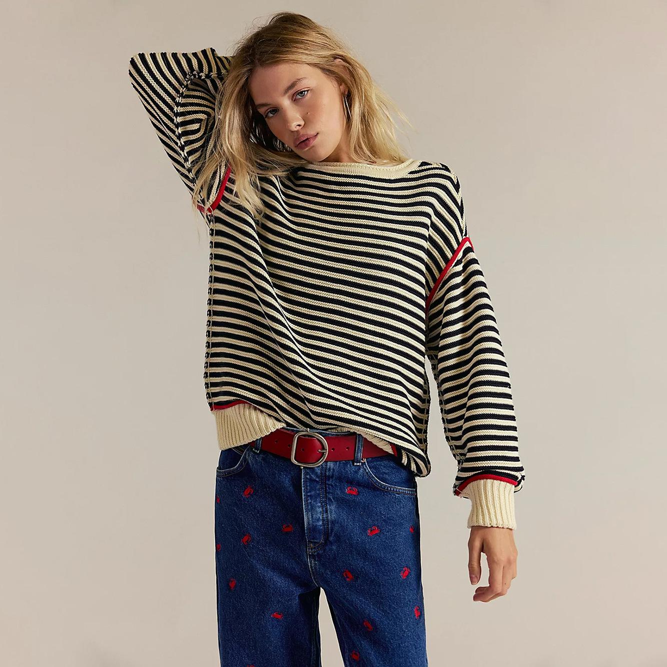 

Желто-белый полосатый вязаный свитер классического полосатого узора S чёрный