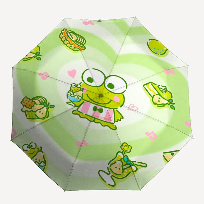 1pc Keroppi Heart-Shaped Automatic Opening/Closing Umbrella with Pear and Dessert Print - Portable Tri-Fold Design, 8-Bone Iron Frame Outdoor Umbrella
