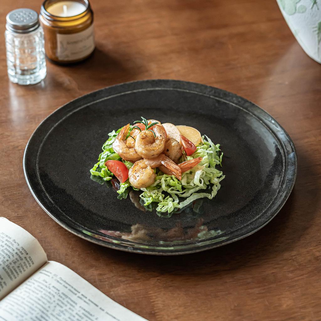 Plate Household Premium Black Ceramic Plate Household Vegetable Plate Retro Tableware Western Plate Salad Plate