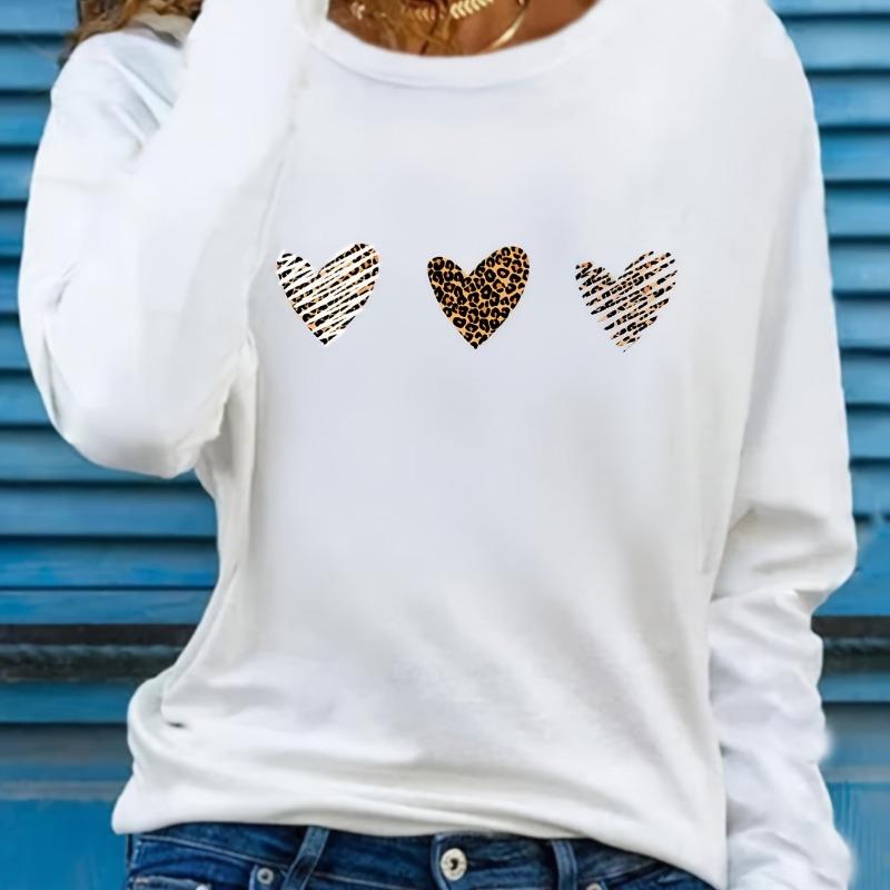 Damen Frühjahrs- und Herbstkleidung Buntes Herz Aufdruck T-Shirt Langarm Rundhals Freizeit Oberteil