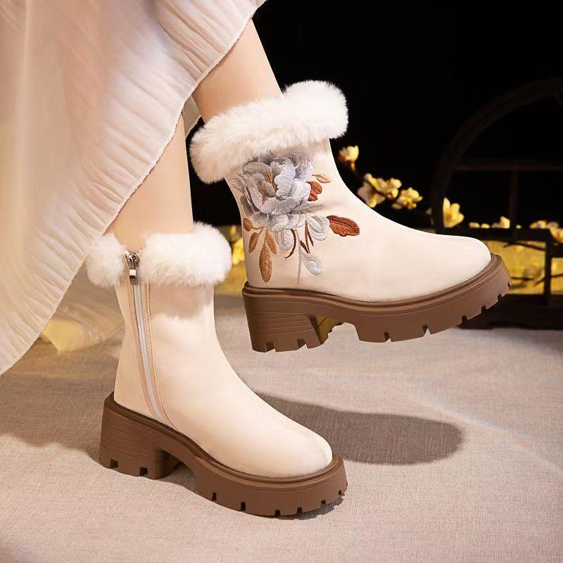 Women's Winter New Block Heel High Top Embroidered Cotton Boot Thick Sole Plush Warm Zippers Round Toe Ethnic Style Hanfu Shoes