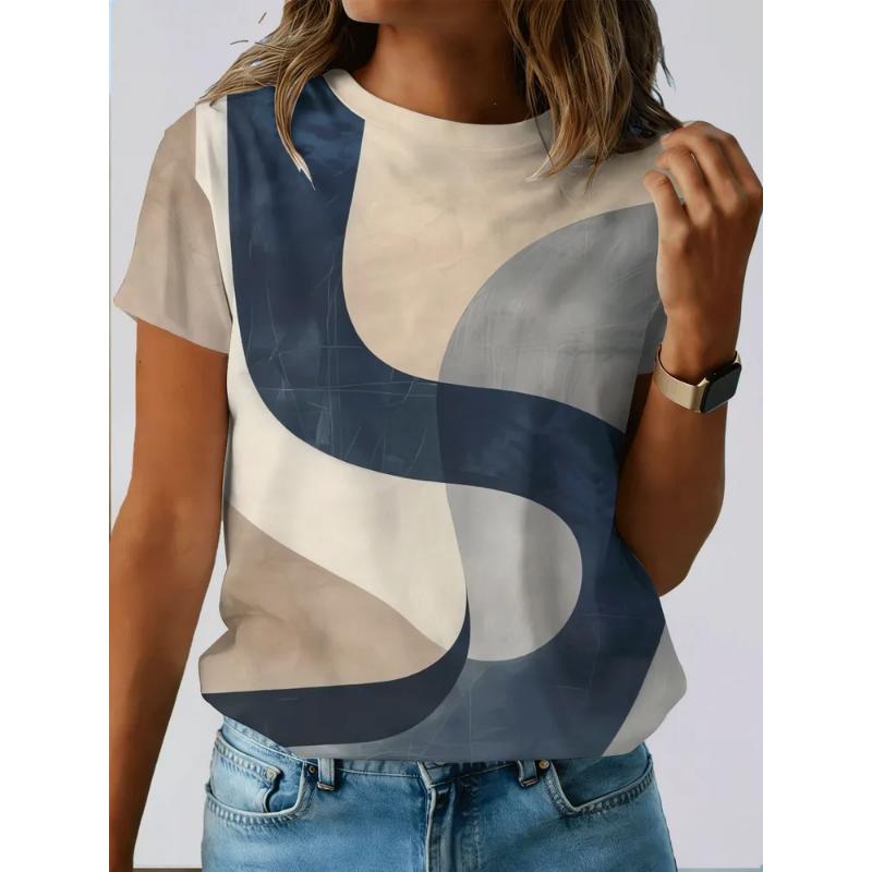 Fashion Women's Crew Neck Short Sleeve 3D Color Printing Striped Short Sleeve Crew Neck T-Shirt