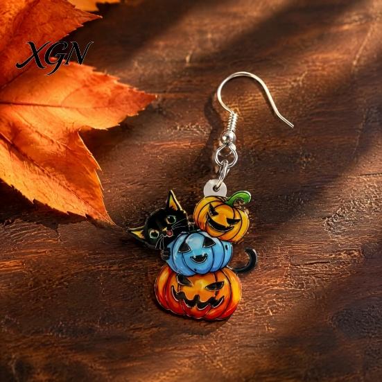 Fun Autumn Seasonal Jewelry 1 Pair Halloween Drop Dangle Earrings for Women, Acrylic Pumpkin Hypoallergenic Sensitive Ears Black Cat Earrings, Holiday