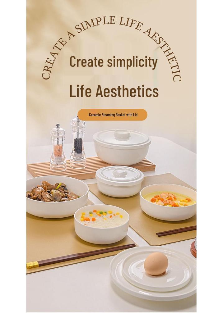 Bone China White Ceramic Steamer Basket with Lid: Deep Steaming Plate for Rice and Dishes