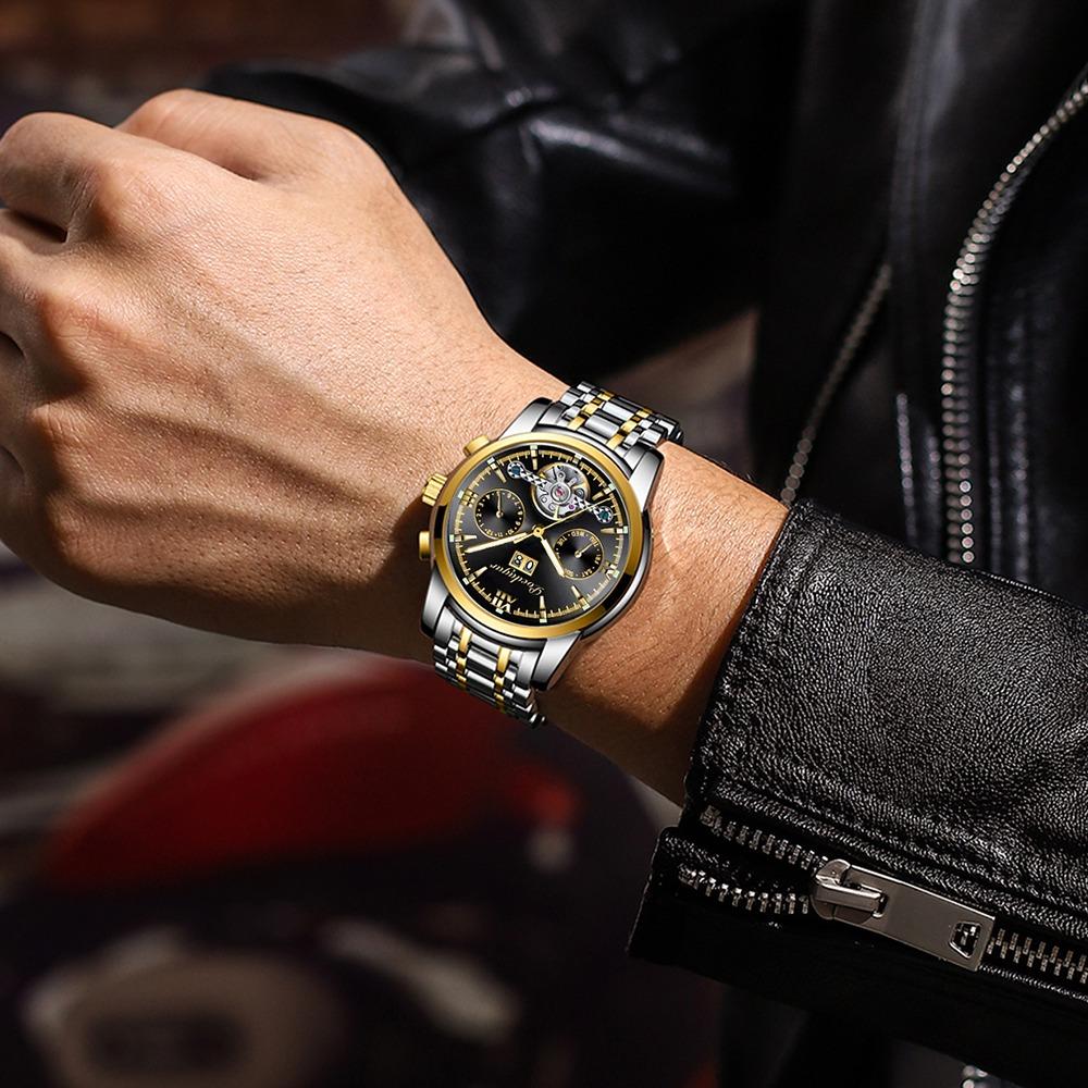 POEDAGAR Automatic Mechanical Watch Men Tourbillon Skeleton Wristwatch Calendar Week Display Leather Strap