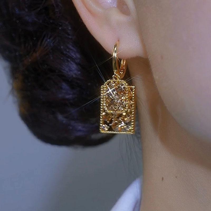 New Retro Elegant Geometric Square Coffee Color Full Diamond Ear Buckle, Versatile Temperament Unique Earrings Earrings