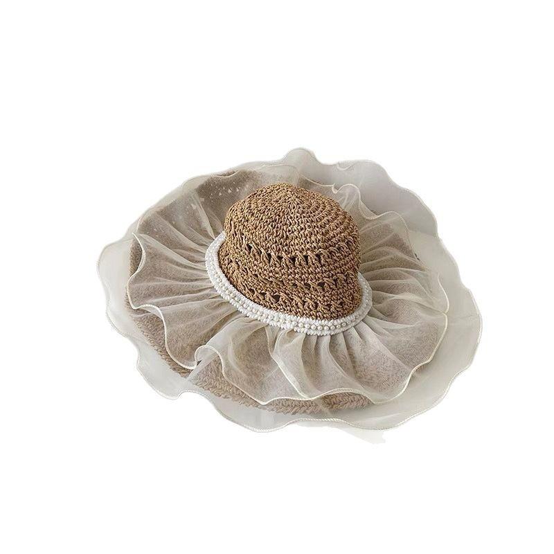 Lace Straw Sun Hat Children Large Brim Summer Breathable Straw Hat Seaside Full Face Shade Beach Hat Tide