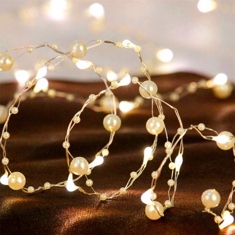 2m 20 LED Battery Operated Copper Wire String Light with Artificial Pearl Xmas Wedding Party Decor
