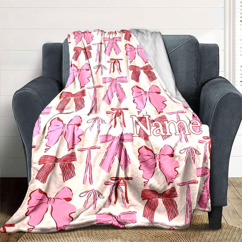 Pink Bow Pattern Home Customize Your Name Blankets Soft Cozy Lightweight Versatile For All Seasons Perfect For Picnics Sofa Office Bed Living Room
