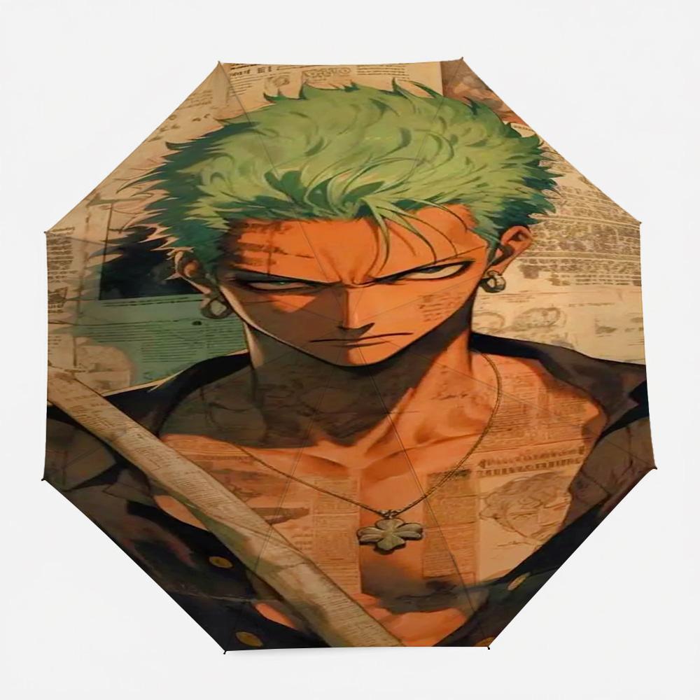 One Piece Roronoa Zoro Green Hair Intense Gaze Newspaper Background Anime Art Automatic Folding Umbrella Windproof Waterproof UV
