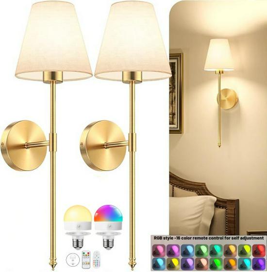 American-Style Wireless RGB Wall Lamp with Remote Control and Fabric Shade for Bedside, Living Room, or Stairwell