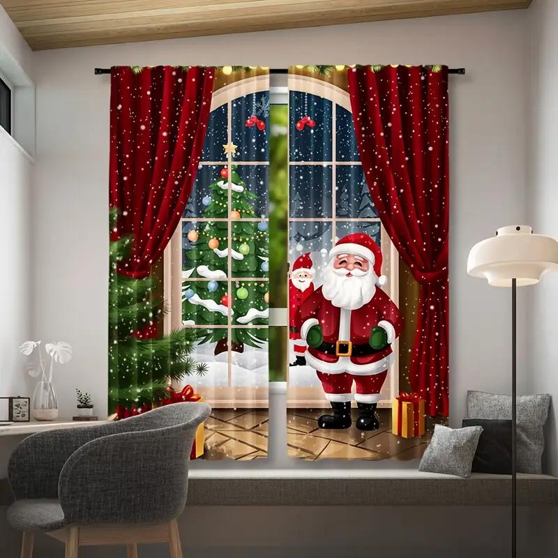 Set Of 2 Joyful Christmas Patterned Curtains Holiday Designed Polyester Filter Family Windows Curtain