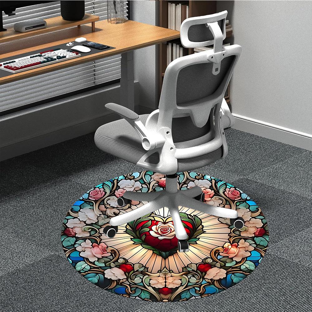 1pc Stained Glass HeartChair Carpet for Office, Indoor Non-Slip Washable Polyester Fiber Carpet, Mat For Office, Machine Washable