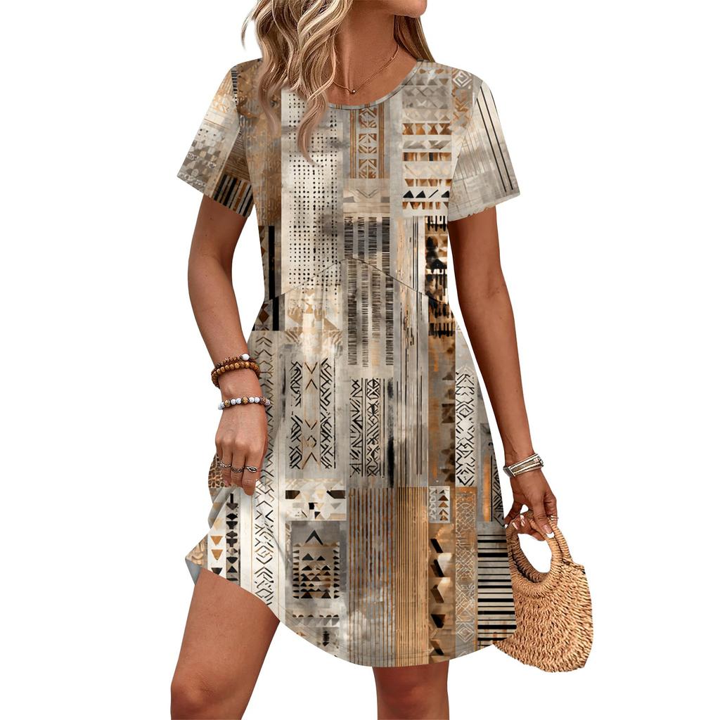 Dresses For Women Short Sleeve Print Round Neck Casual Dresses Waist Dress With Pockets