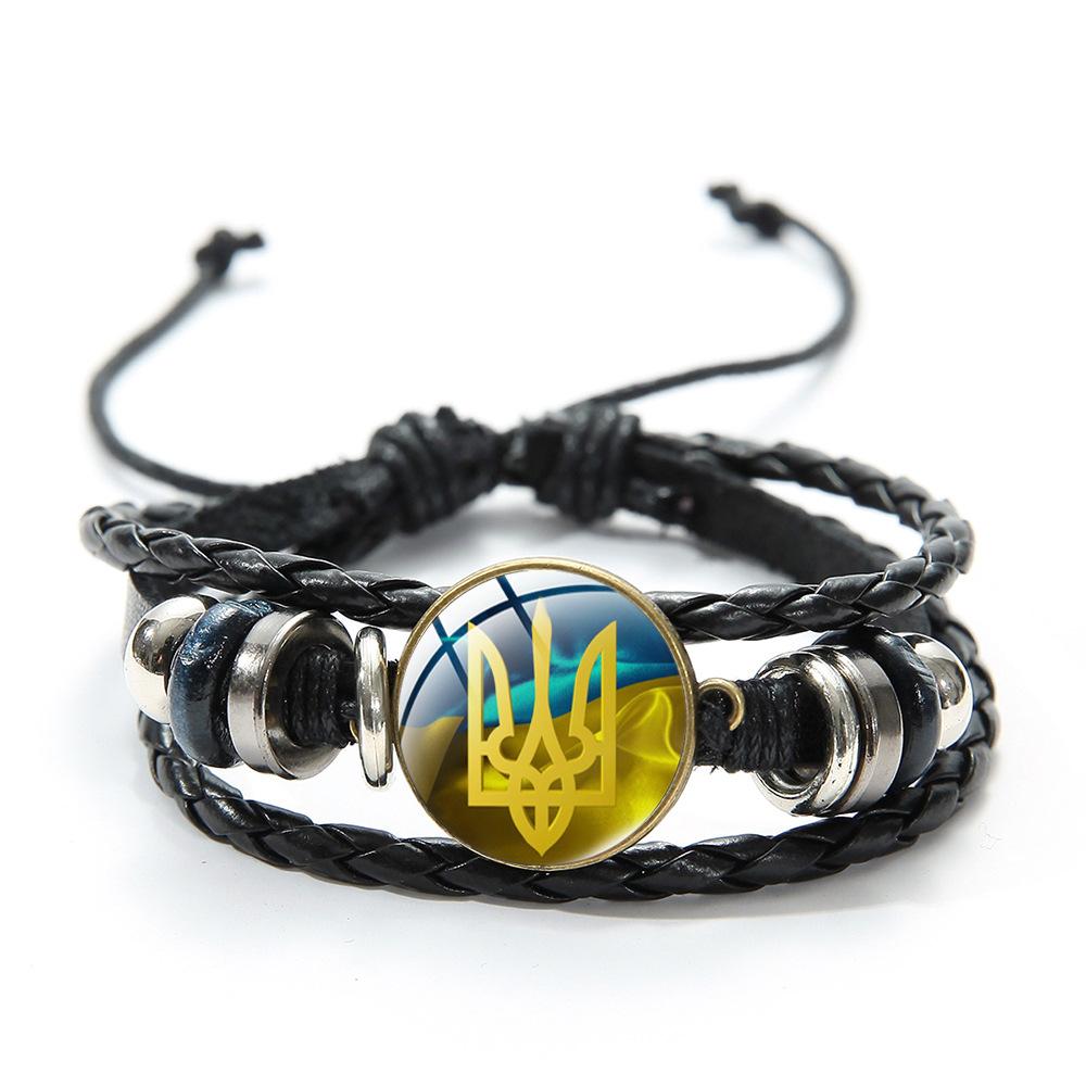Ukrainian Flag Glass Charm Bracelet Blue Yellow Trident Graphic Vintage Handmade Woven Leather Beaded Bracelet