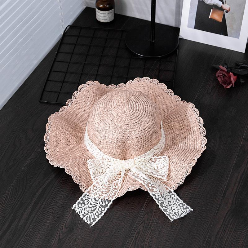 

Летняя соломенная шляпа ручной работы для женщин с широкими полями, складная пляжная шляпа с кружевным бантом, шляпа от солнца ONE SIZE