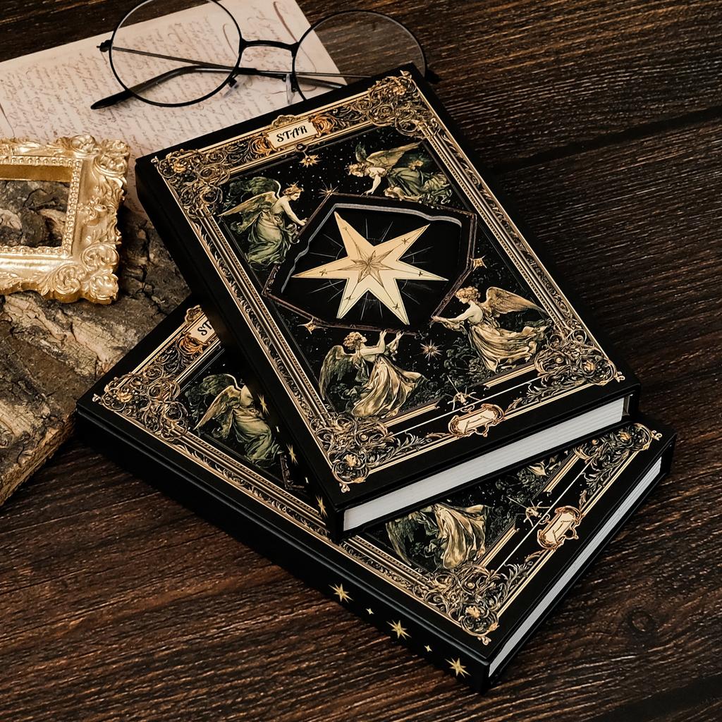 Retro Tarot Thema Hochwertiges Notizbuch Personalisiertes Schwarzgoldenes Hartledercover Tragbares Notizbuch