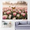 2D Pink Tulip Field Backdrop with Monarch Butterflies Nature Background