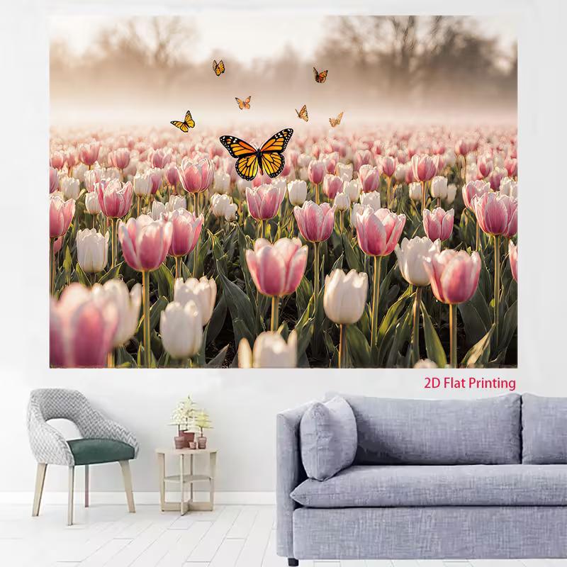2D Pink Tulip Field Backdrop with Monarch Butterflies Nature Background
