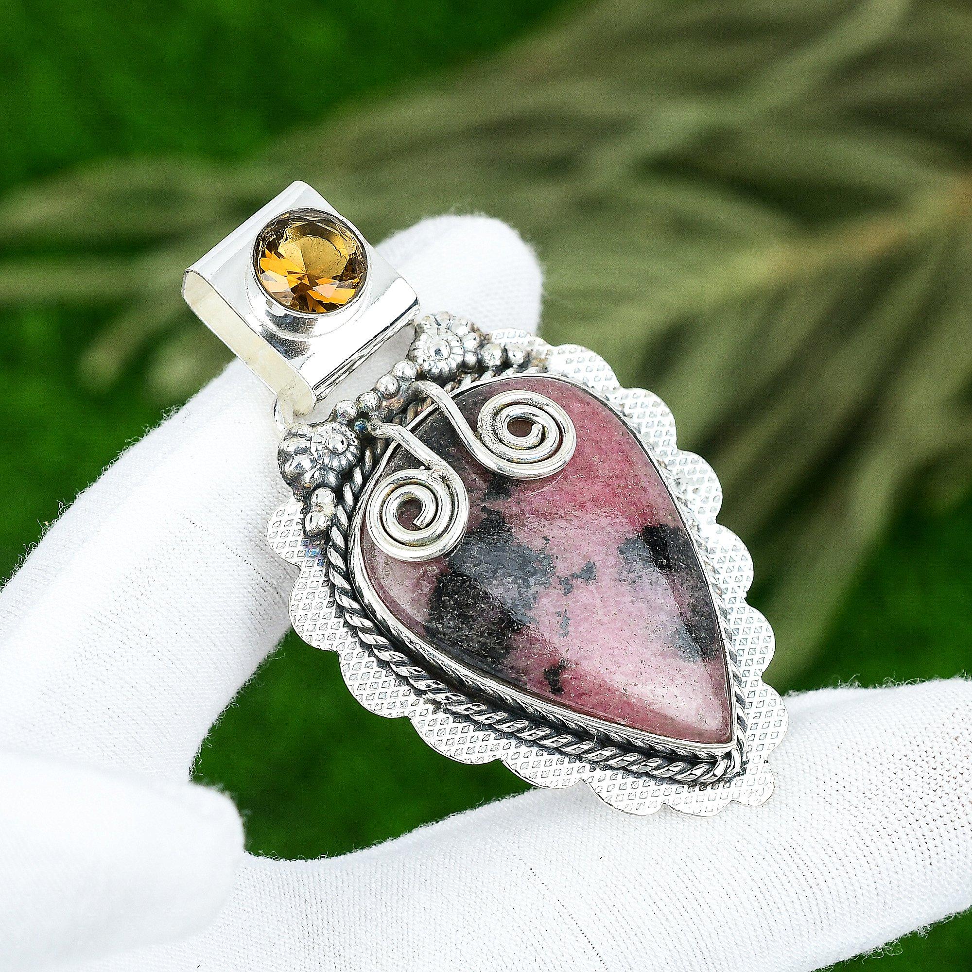 

Sterling Silver Rhodonite Gemstone Honey Topaz Trendy Wife Bezel Pendant Jewelry