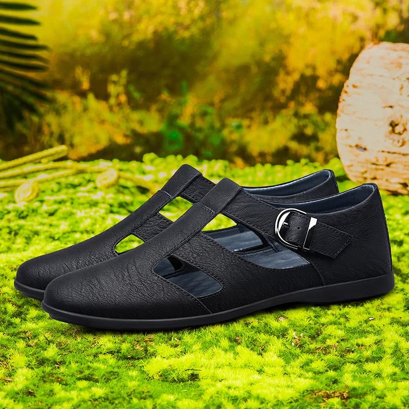 Fashion High Quality Men's Leather Sandals Breathable Hollow Design Summer Lightweight Non-Slip Sole Outdoor Trekking Comfortable Flats