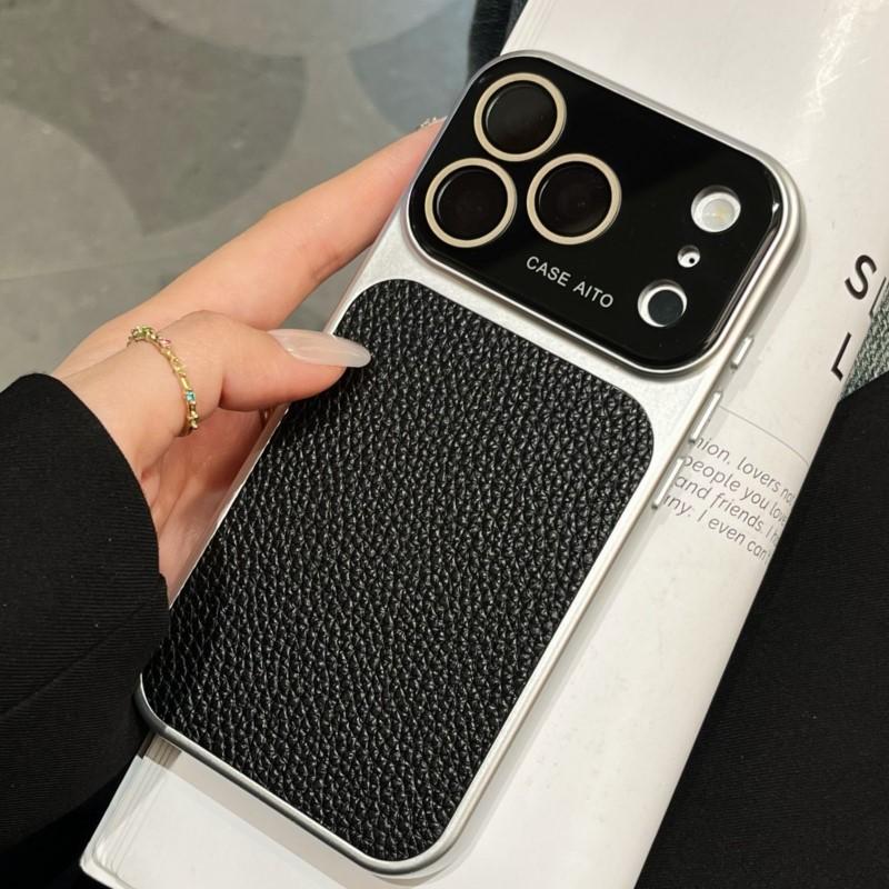 Luxury Lychee Solid Leather Color Case for iPhone 17 16 15 14 13 Pro Max Matte Shockproof Hybrid Glass Camera Protection Cover