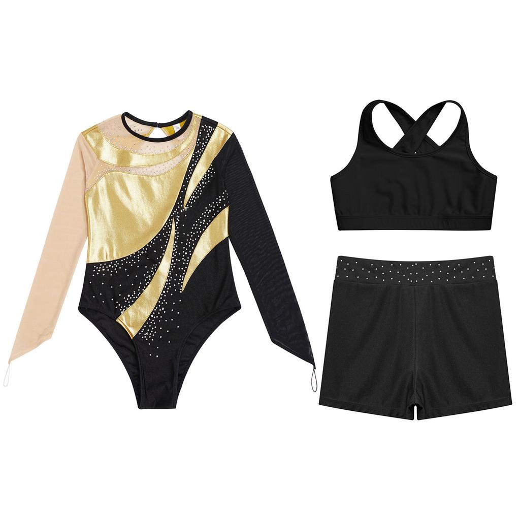 Gymnastics Leotard for Girls Kids with Shorts Long Sleeve Tumbling Ballet Dance Unitard with Active Vest