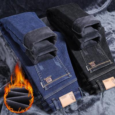 2024 Autumn And Winter Plus Plush Thick Jeans Men'S Warm And Loose Straight Leg Pants With Fur Casual Pants