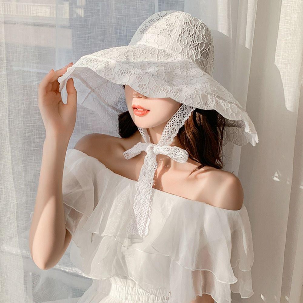 

Lace-up Sun Cap Lace Beach Cap Summer Bucket Hat for Women білий