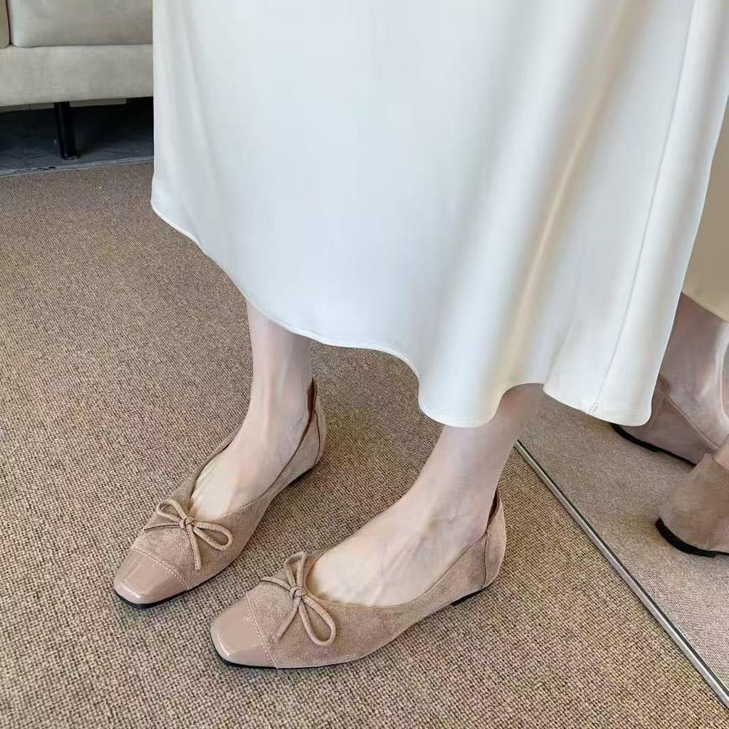 Summer 2025 New Square Head Bow Suede Low Heel Niche Doudou Pregnant Women's Splicing Shoes