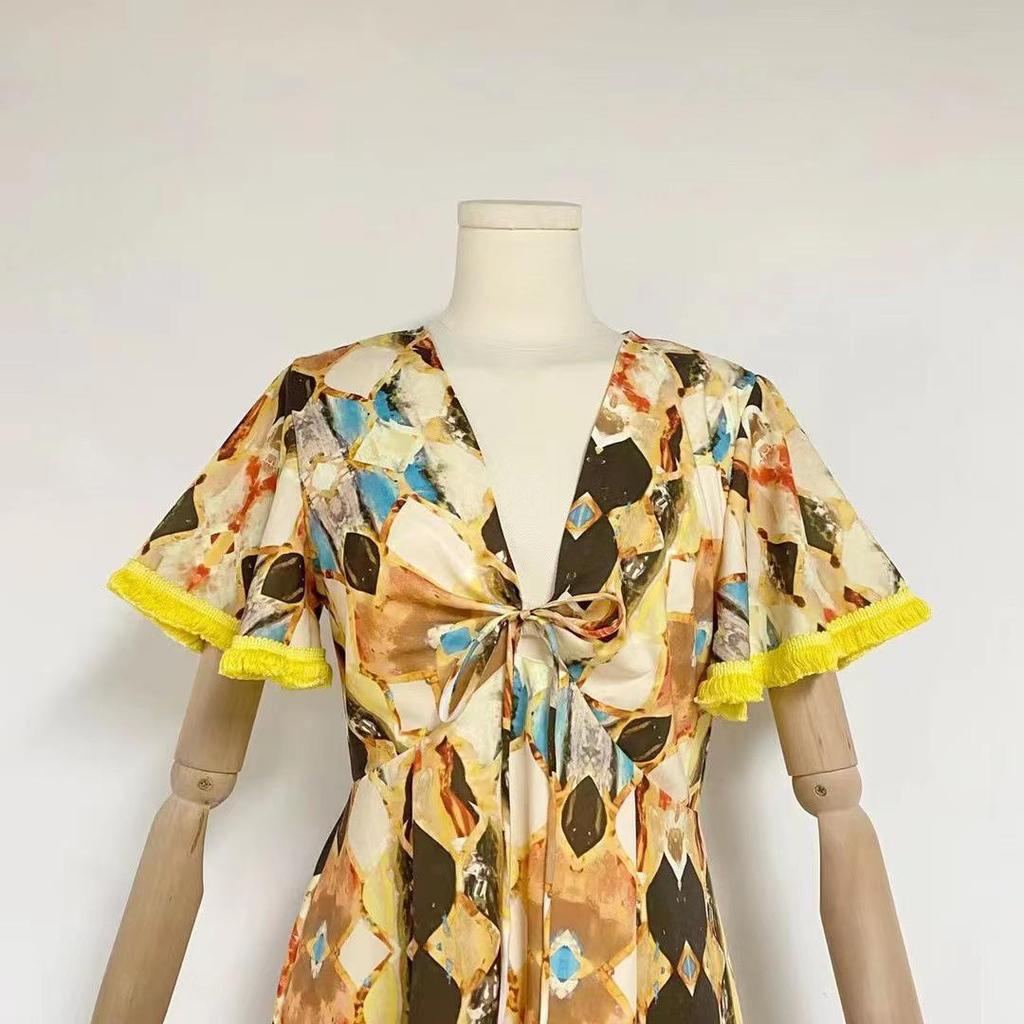 Women's 2023 Autumn V-Neck Tassel Splice Backless Long Dress with Lace-Up Waist